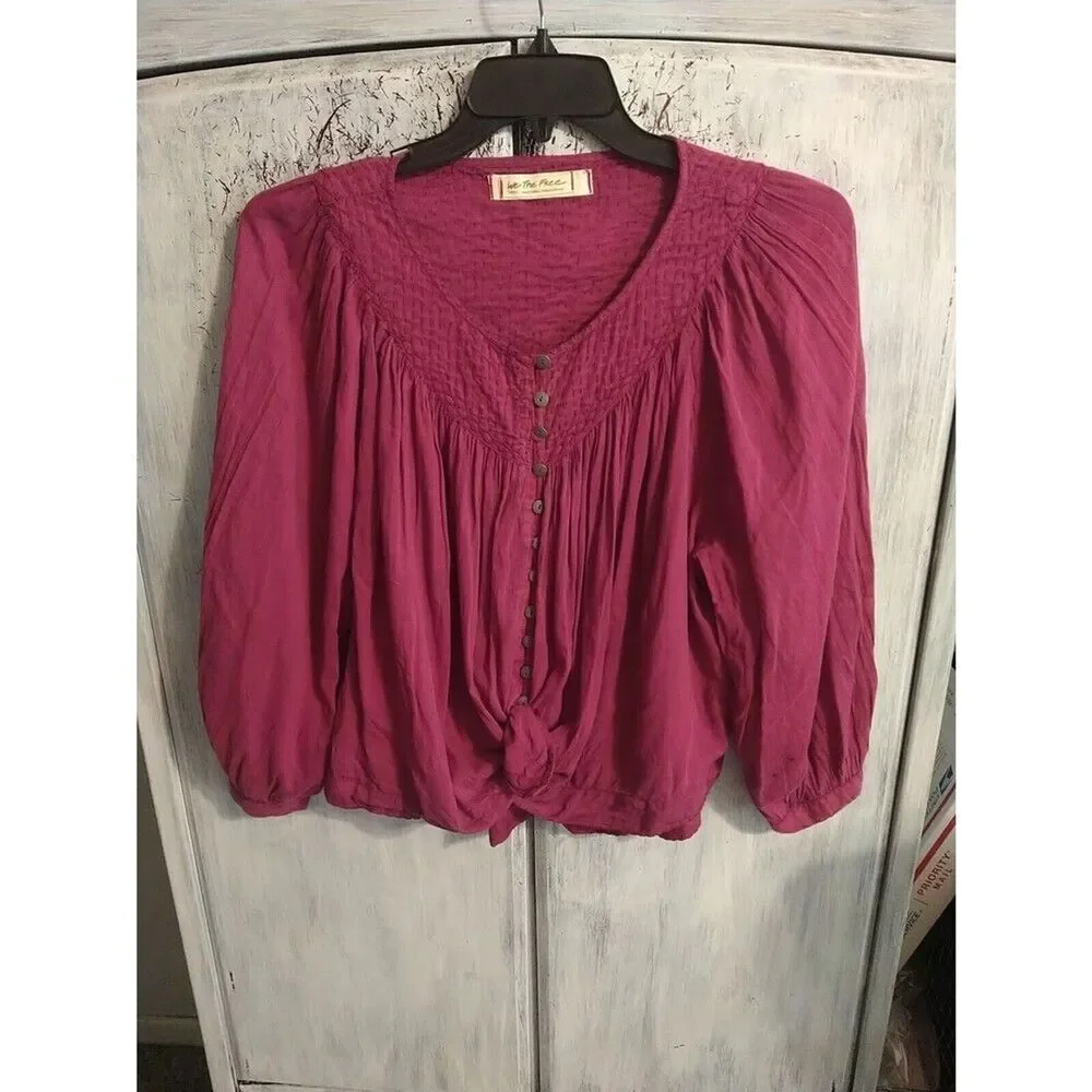 Free People Puff Sleeve Tie Front Size Small Pink Top Boho Feminine Cottage Core